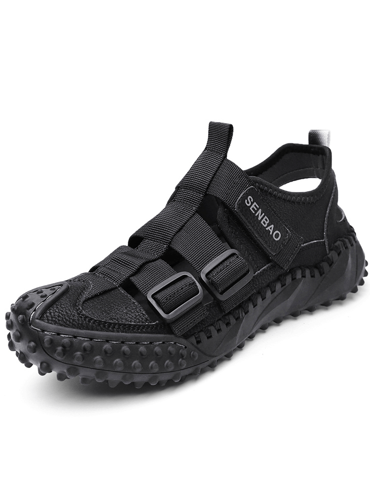 Elastic Soles Leather Men's Hiking Sandals with Breathable Upper, SF1396 - Comfortable, Durable, Black Adventure Footwear